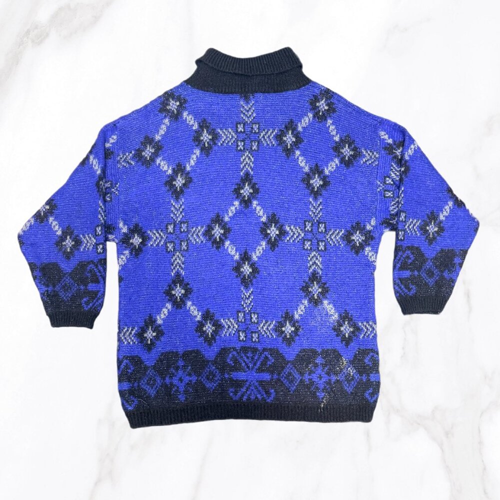 Vintage Benetton Italy Blue Nordic Mohair Blend Mockneck Sweater, Size L - Picture 3 of 10